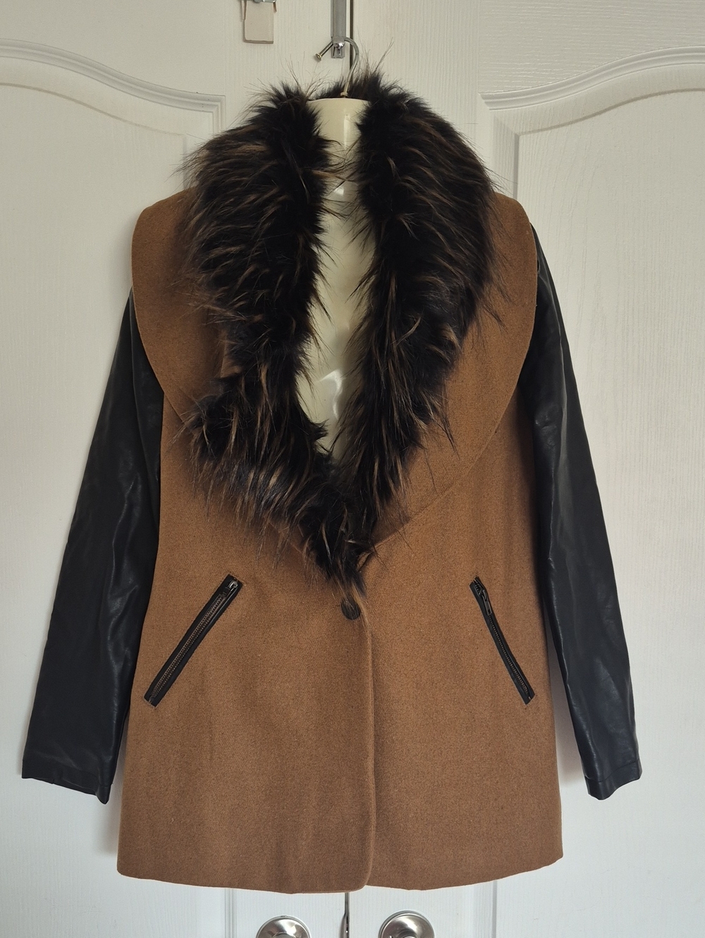 UK2LA Faux Fur Collar Brown Coat with Black Faux Leather Sleeves